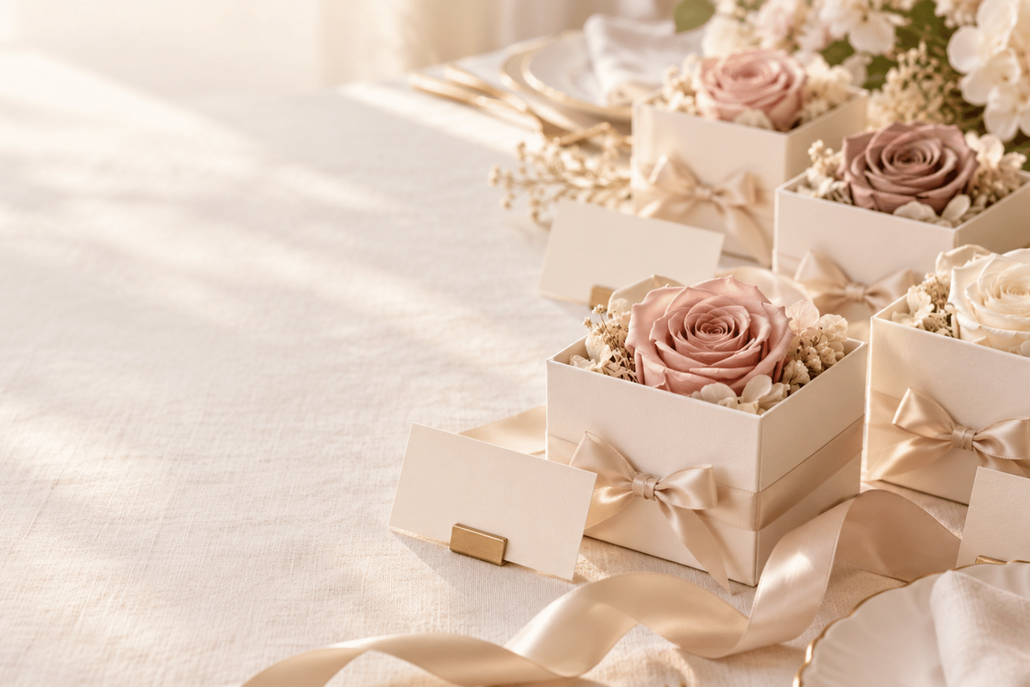 detalles de flores preservadas para invitados de boda